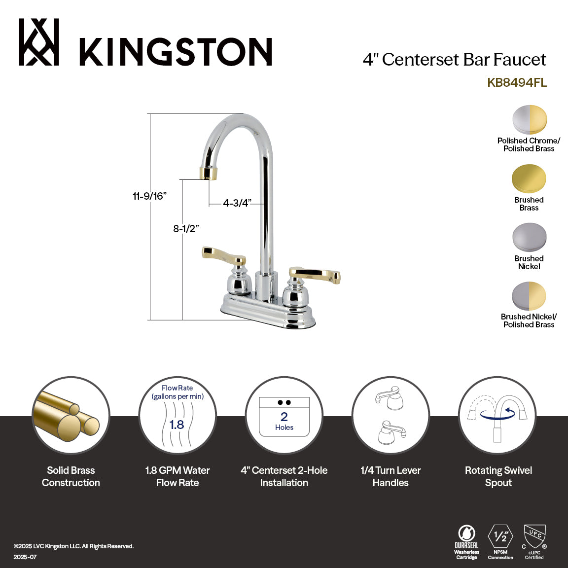 Kingston Tulare KB8499FL - Royale Two-Handle 2-Hole Deck Mount Bar Faucet, Brushed Nickel/Polished Brass — thumbnail 2